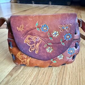 Handcrafted Floral Brown Leather Bag with Pluto Like Images, a Butterfly and Bee